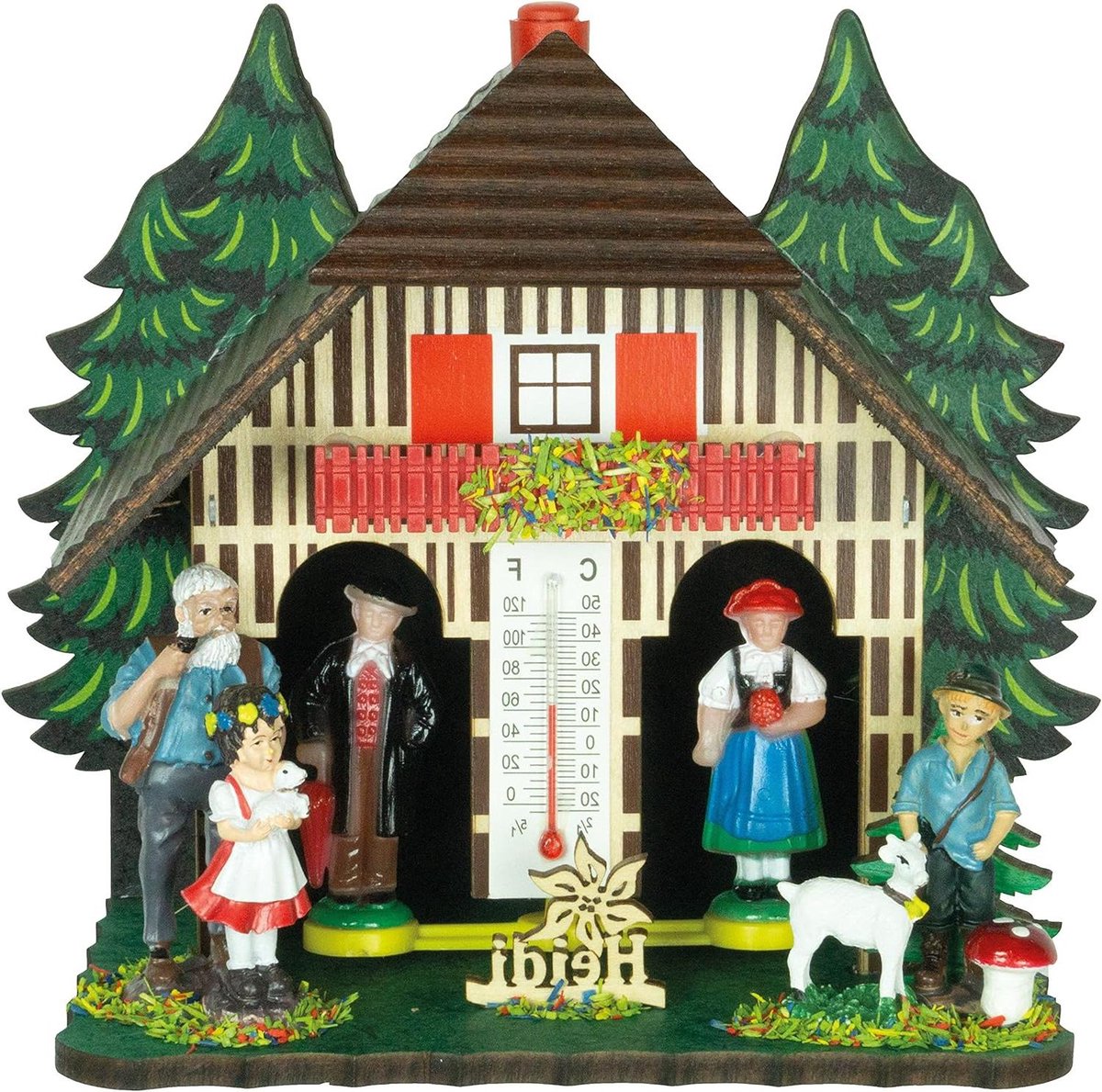 Weerhuisje Heidi - Weerhuis Hout - Weersvoorspelling Thuis - Gemaakt in Duitsland - 14 x 13 x 8 cm - Kleurrijk