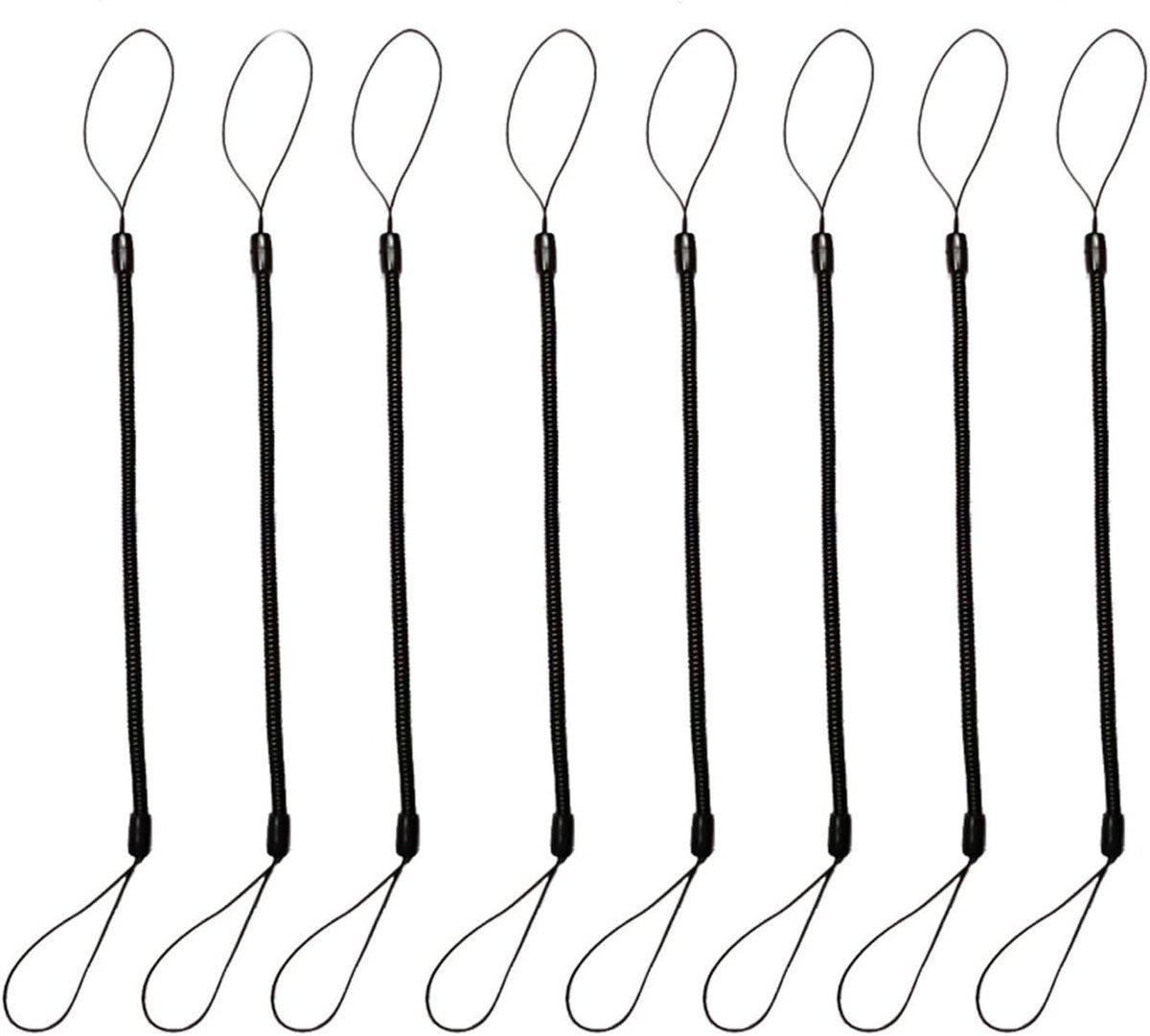 8-delige set zwarte touchpen met spiraalbanden en elastische draagriemen voor tekenpennen en stylus, anti-verlies oplossing voor sleutels en accessoires