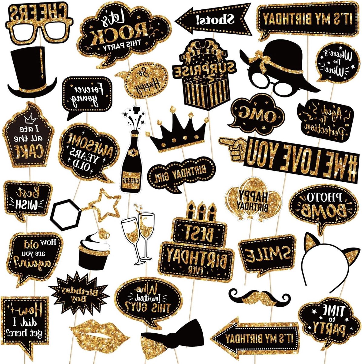 36 Stuks Verjaardags Fotohokje Props Set - Grappige en Schattige Accessoires voor Feestjes en Foto's