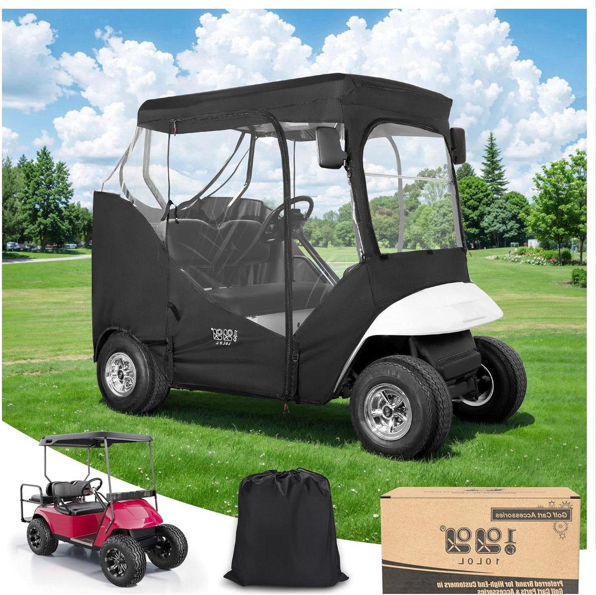 Golfkar Overkapping - Golfbuggy Zeil - Bescherming tegen Weer - Met Spiegelopeningen - Tot 58 inch Dak - Zwart