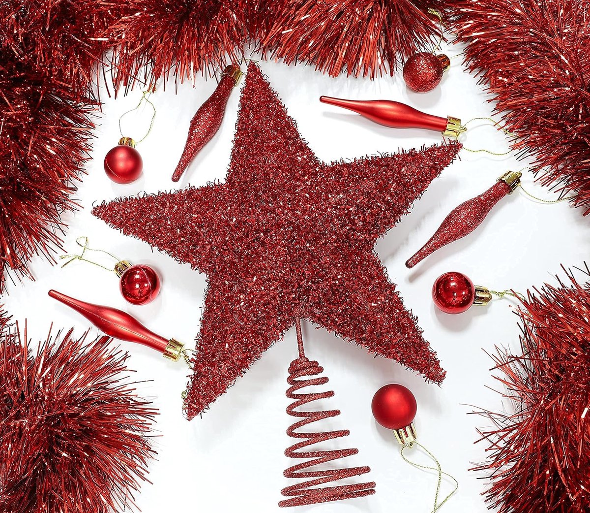 Boom Top Ster - Kerstboom piek - Kerstboom versieren - Fonkelend klatergoud ontwerp - 28 cm - Rood – foto 3