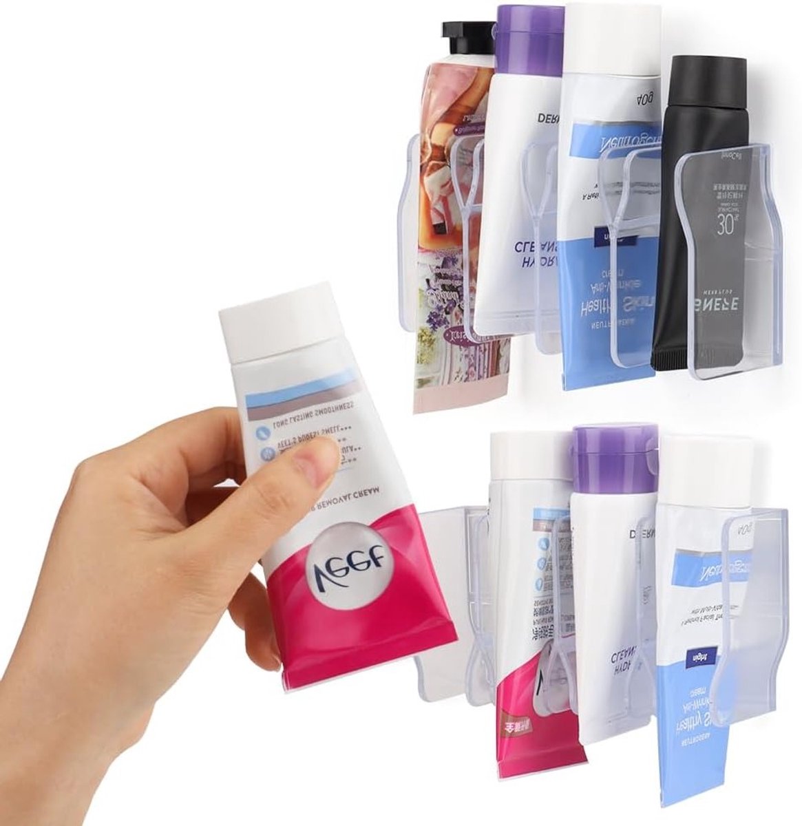 Set van 2 Opbergrekken voor de Badkamer, Gezichtsreiniger en Tandpasta Houder, Organizer voor Badkameraccessoires met 4 Tubes en Transparante Ontwerp