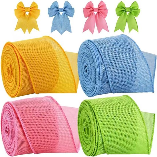 Vier linten in rollen: geel, blauw, roze en groen. Vier strikken in de kleuren geel, blauw, roze en groen.