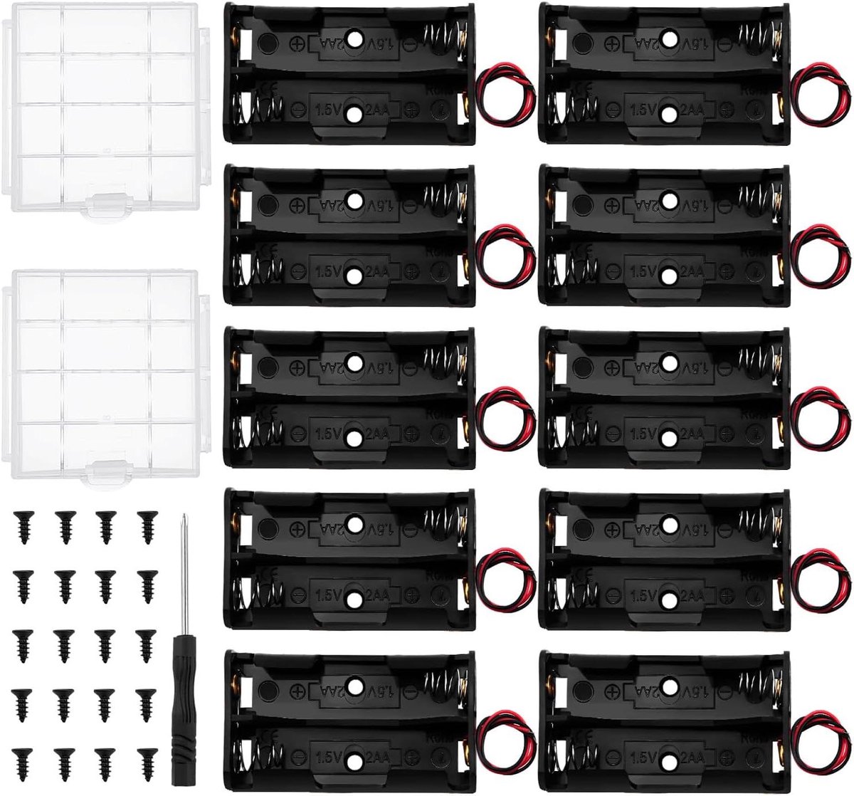 Batterijhouders AA - Batterijboxen Opbergers - Elektronica Projecten - Met Schroeven Schroevendraaier - 10 Stuks - Zwart