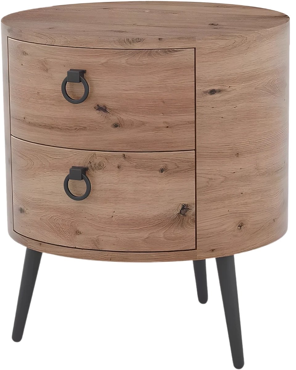 Happiq Ronde Bijzettafel - Voor woonkamer en slaapkamer - Met laden en houten accent - Metalen poten / Rond - Natural