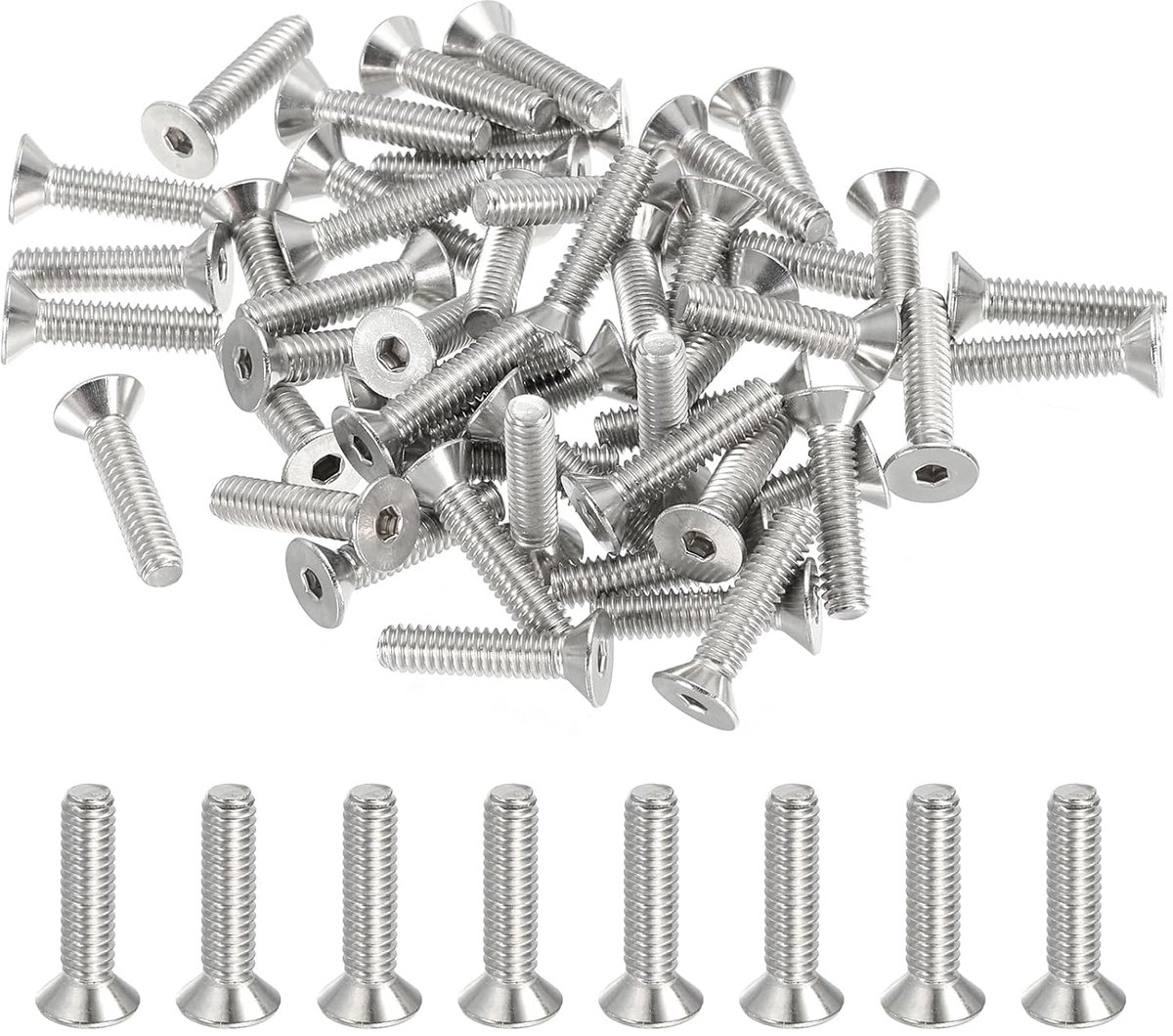 8-32 x 3/4" Flat Head Screws met Hexagon - 50pcs RVS - Volledige Draad - UNC Draad Grade 6.8