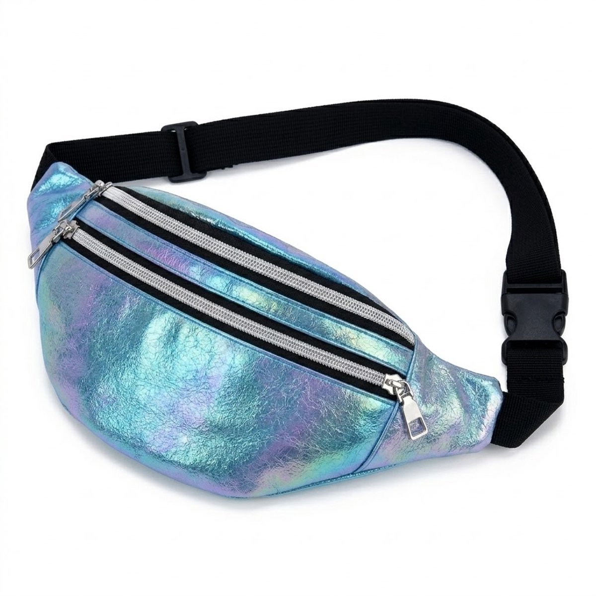 Blauw metallic heuptas dames en heren holografische heuptas verstelbare band met gesp meerdere rits vakken compact crossbody heuptasje glanzende laser look voor festivals reizen en dagelijks gebruik