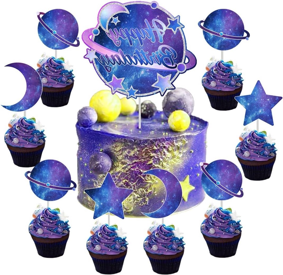 Verjaardagstaart Versieringen met Zonnestelsel, Sterren en Maan - 25 Stuks voor Ruimte Thema Feestdecoratie en Cupcake Toppers