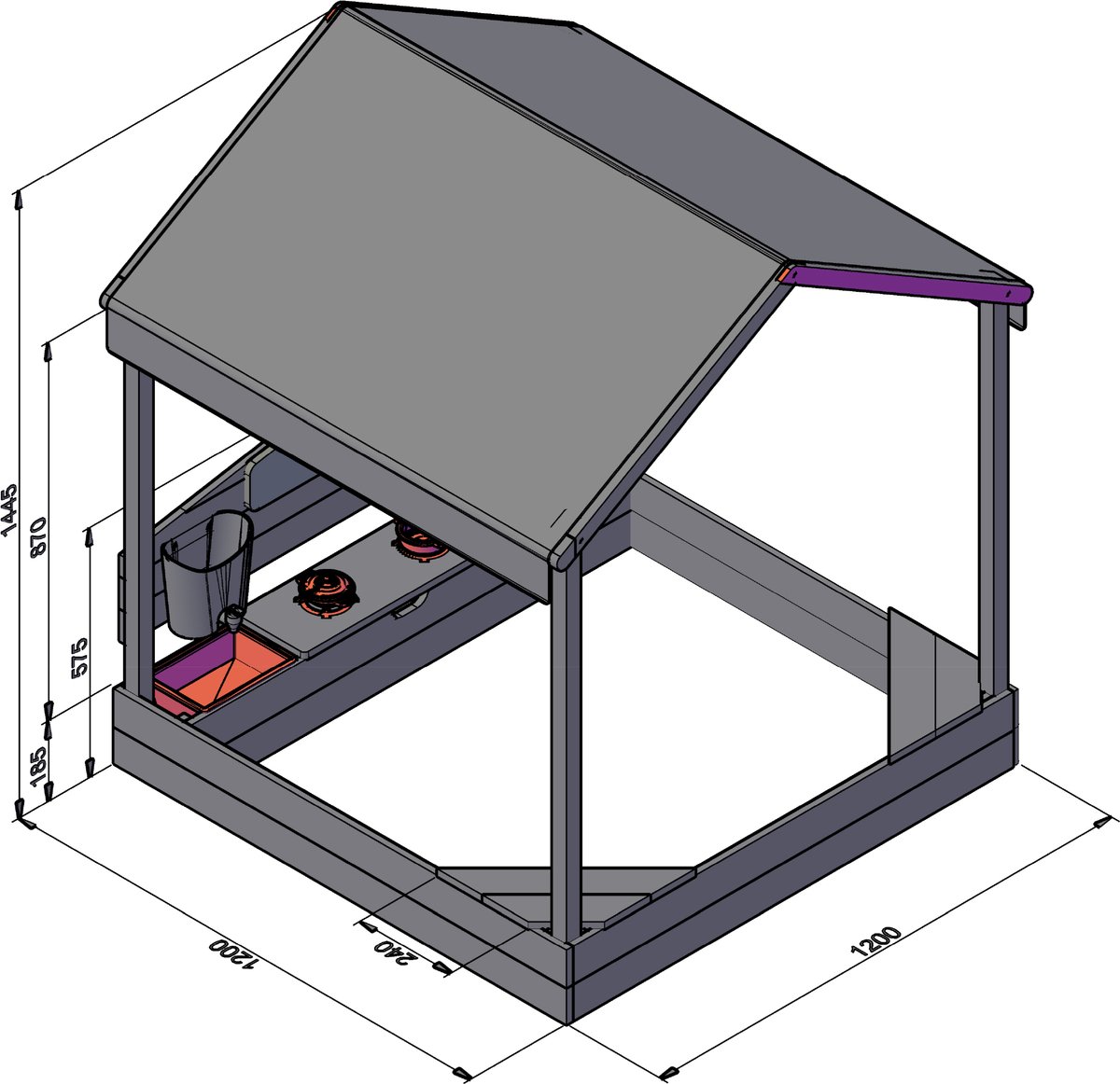 AXI Meli Zandbak & Speelhuisje 120 x 120 cm met Speelkeuken – Bruin - Met Dak – FSC hout – Met Krijtbord, Watertank en 6-delig Speelgoed Kookset – Met 2 Bankjes - Inclusief gronddoek – 10 jaar garantie — afbeelding 5