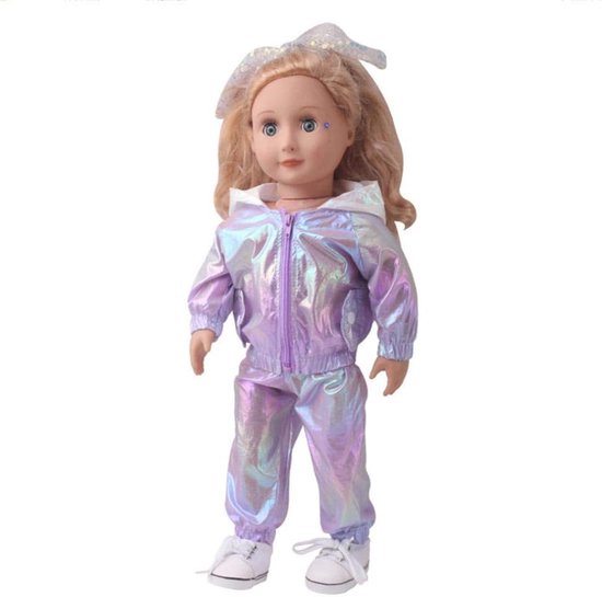 Poppenkleding Jurk Outfit - Poppenkleding Set - Poppen Aankleden - Inclusief Jas Broek - 18 inch - Paars — afbeelding 3