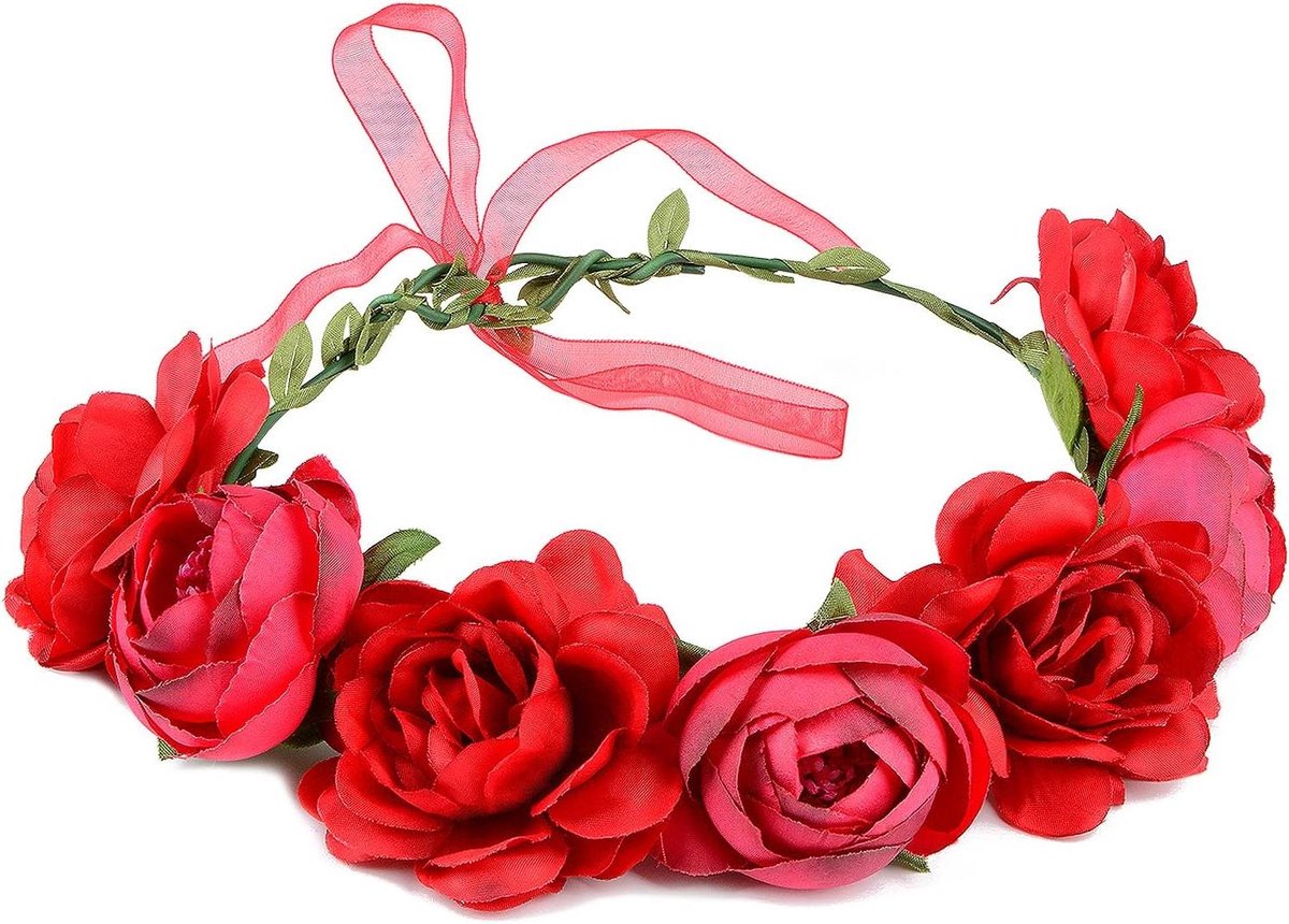Bloemen Krans Hoofdband - Bloemen Haar Accessoire - Feestelijke Aankleding - Verstelbaar Lint - Omtrek 50 cm - Rood