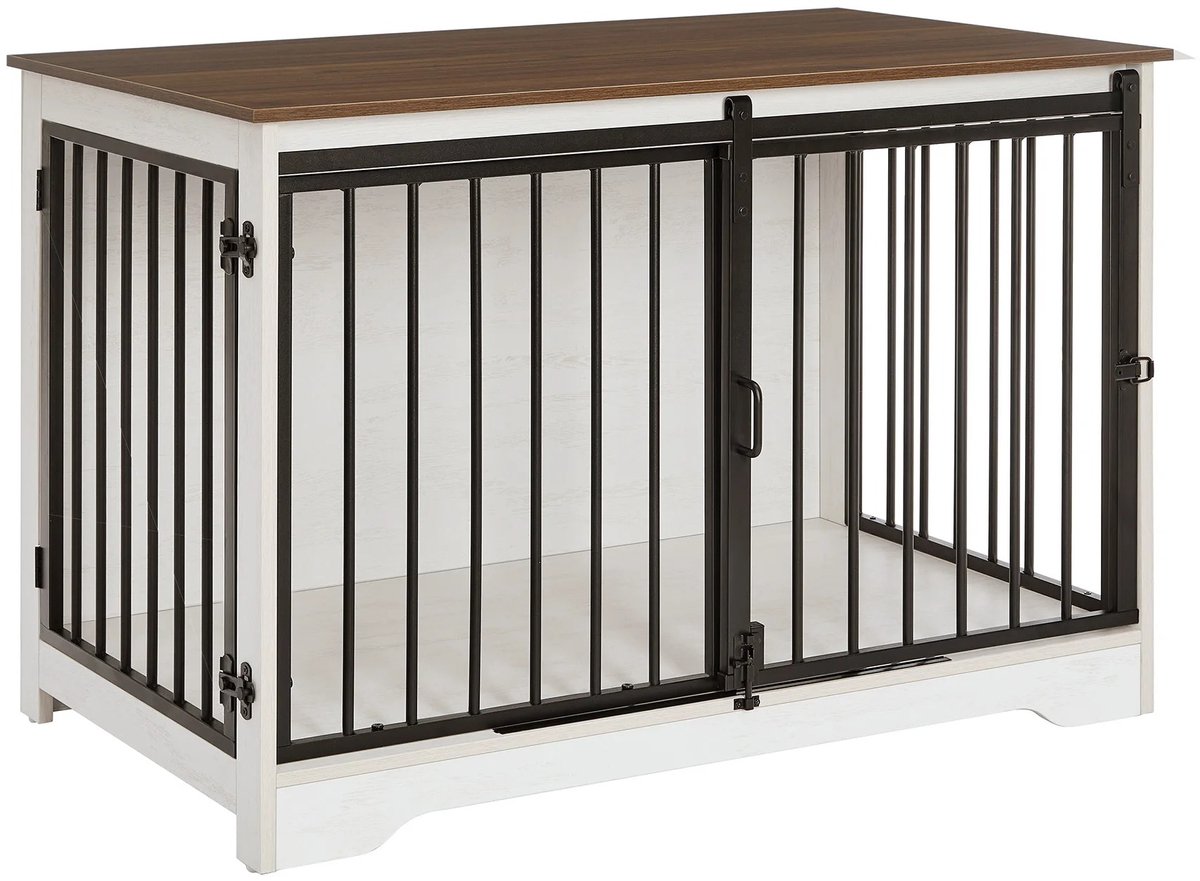 Hondenbench Meubel - uJOY - Hondenbench voor Binnen - Wit Bruin - Met Schuifdeuren - Stijlvolle Bench Kast