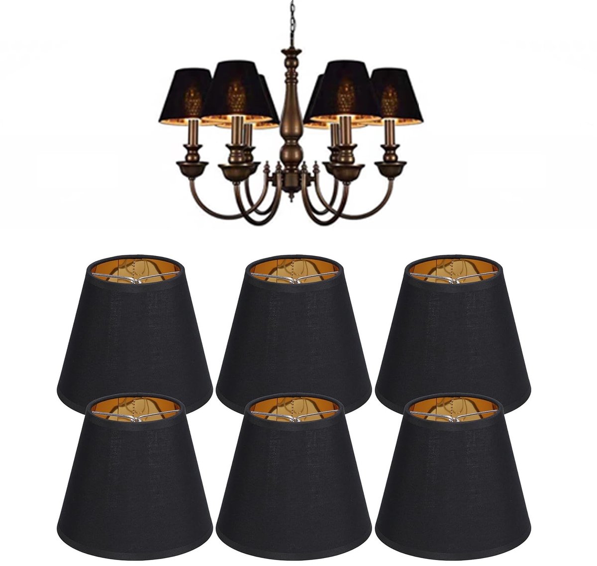 aladdien - E14 lampenkappen - stoffen lampenkappen - hoge lichtdoorlatendheid - zwart en goud - geschikt voor kroonluchters - 6 stuks