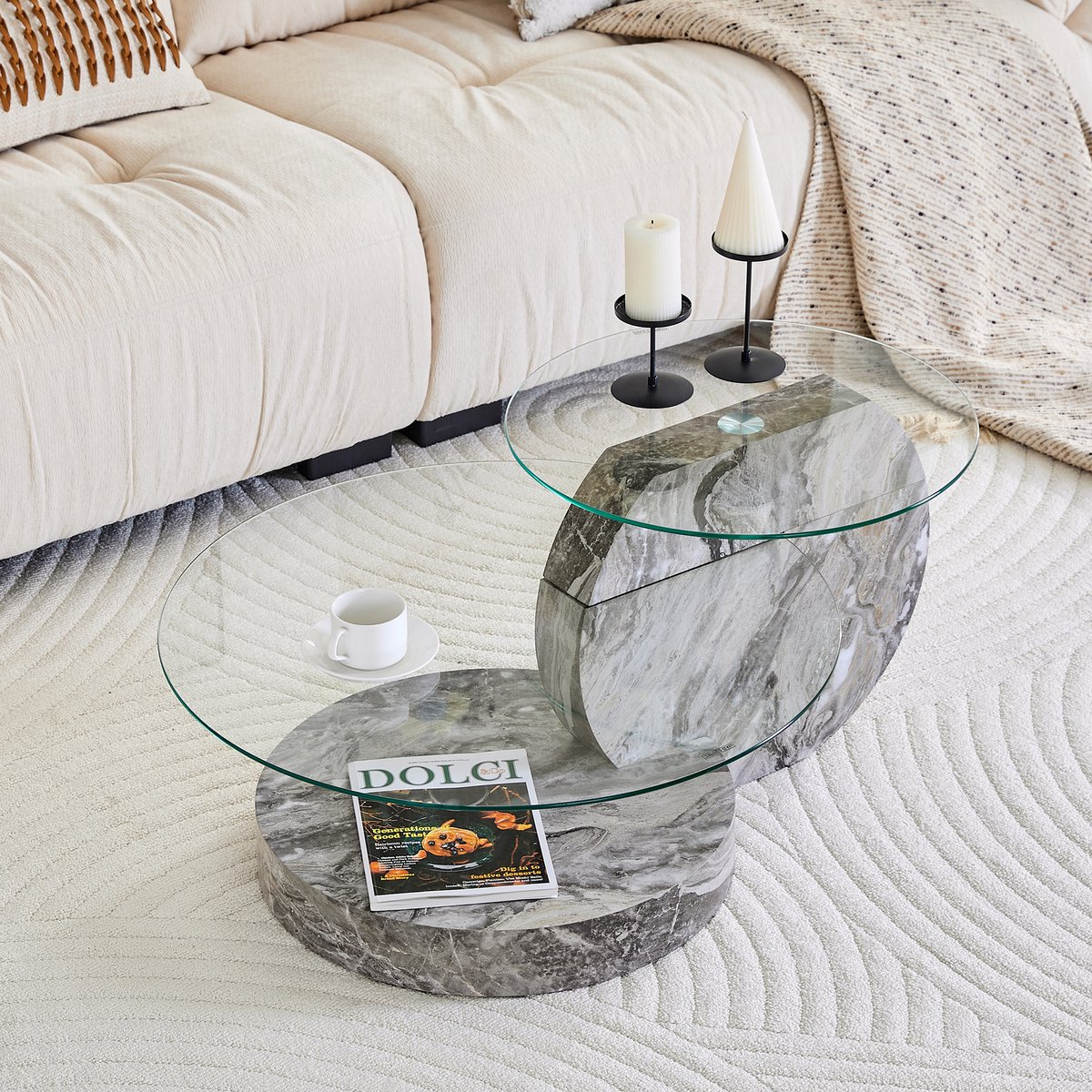 HAUSS SPOLE Salontafel - Tweelaags Rond Design Met Veiligheidsglas - Voor Woonkamer - MDF En Glas - Grijs Transparant