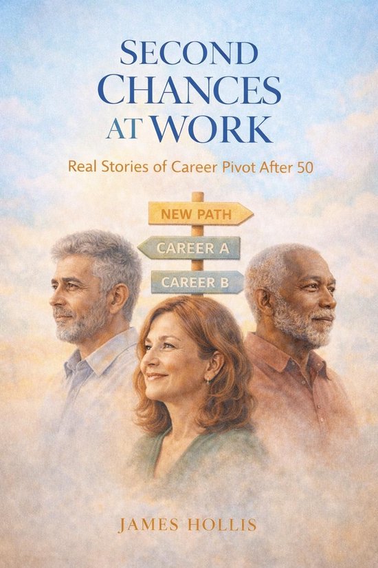 Boekomslag met drie oudere volwassenen en drie richtingaanwijzers met 'NEW PATH', 'CAREER A' en 'CAREER B'. 'SECOND CHANCES AT WORK' staat bovenaan.
