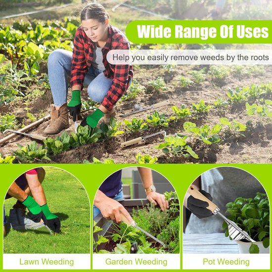 Onkruidverwijderaar-Onkruidsteker Set 3-delig - RVS Onkruidwieder met Gekartelde Rand -- Worteltrekker met Houten Handvat - Voegenreiniger en Handmatige Wieder voor de Tuin- Professioneel Tuingereedschap van Merkloos	 — afbeelding 5