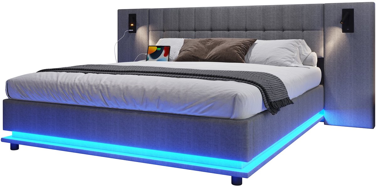 Merax Gestoffeerd Bed 180x200 cm - Linnen - LED Verlichting met Afstandsbediening - hoofdbord met leeslamp - USB - grijs - zonder matras
