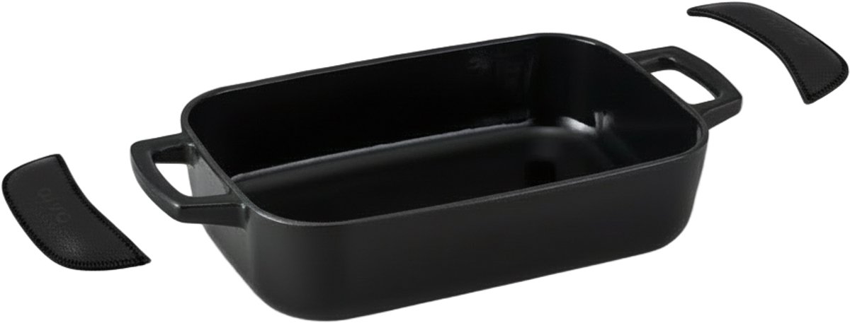 Alva Ovenschaal / Braadslede Gietijzer Nori + Gratis Leren Handvaten - 30 x 21 x 8.2 cm - geëmailleerde anti-aanbaklaag