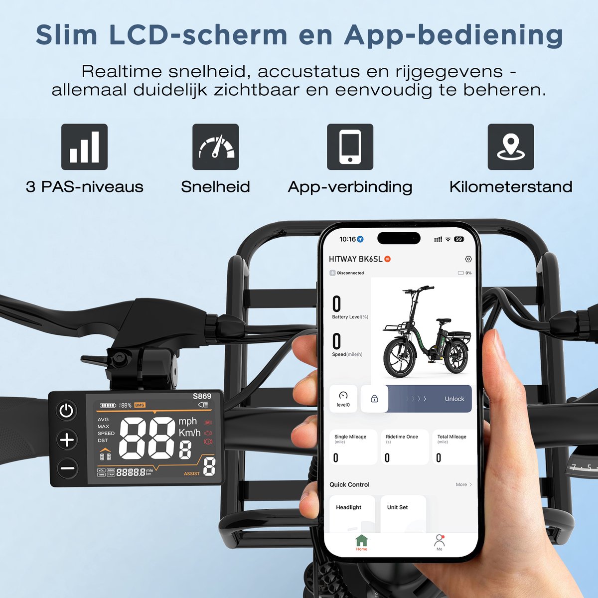 Hitway Elektrische Fiets BK6S Pro - 20*4.0 Inch Fat Tire City Commuter EBike met Afneembare 48V 18Ah Lithium Batterij - Opvouwbaar Mountain E-Bike met 250W Motor - APP Bediening - 7 Versnellingen - IP54 Waterdicht - afbeelding 3
