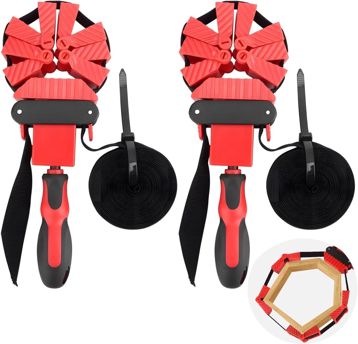 Frame Clamp - 4 Jaws - Right Angle Clamp - Ratchet Clamp met 6m Nylon Strap - 90° Multifunctional - Verstelbare Hoek Clamp voor Foto Lijsten en Lades