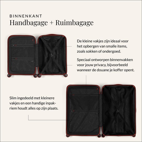 Binnenkant van donkerrode handbagage en ruimbagage met meerdere vakken en spanbanden.