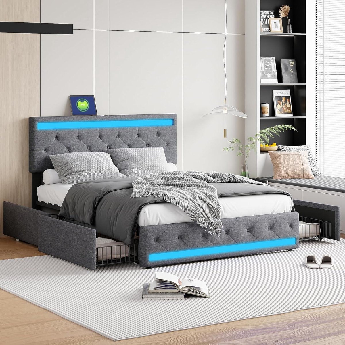 Gestoffeerd Bed - Linnen Bed - Slaapkamer Opbergen - Met Ledverlichting - 180x200cm - Grijs