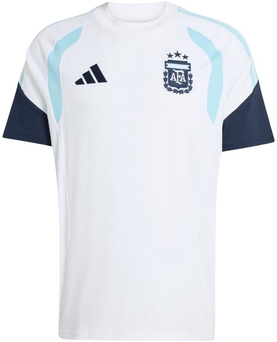 Wit Adidas sportshirt voor heren met donkerblauwe en lichtblauwe accenten.