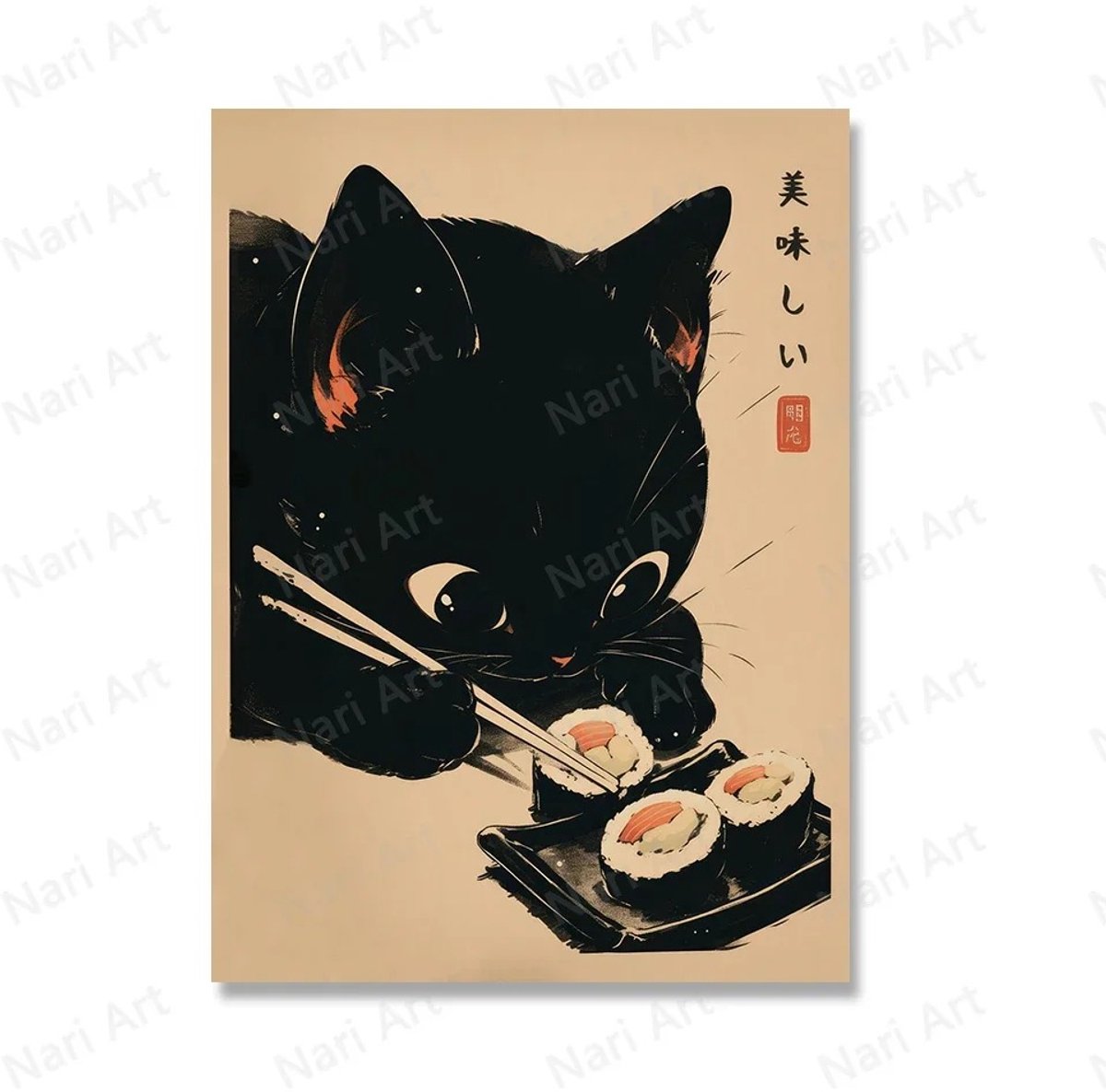 CINK Living® Sushi Kat Canvas Poster 50x70 cm – Japanse Kat Wanddecoratie – Vintage Anime Stijl Canvas voor Woonkamer & Keuken