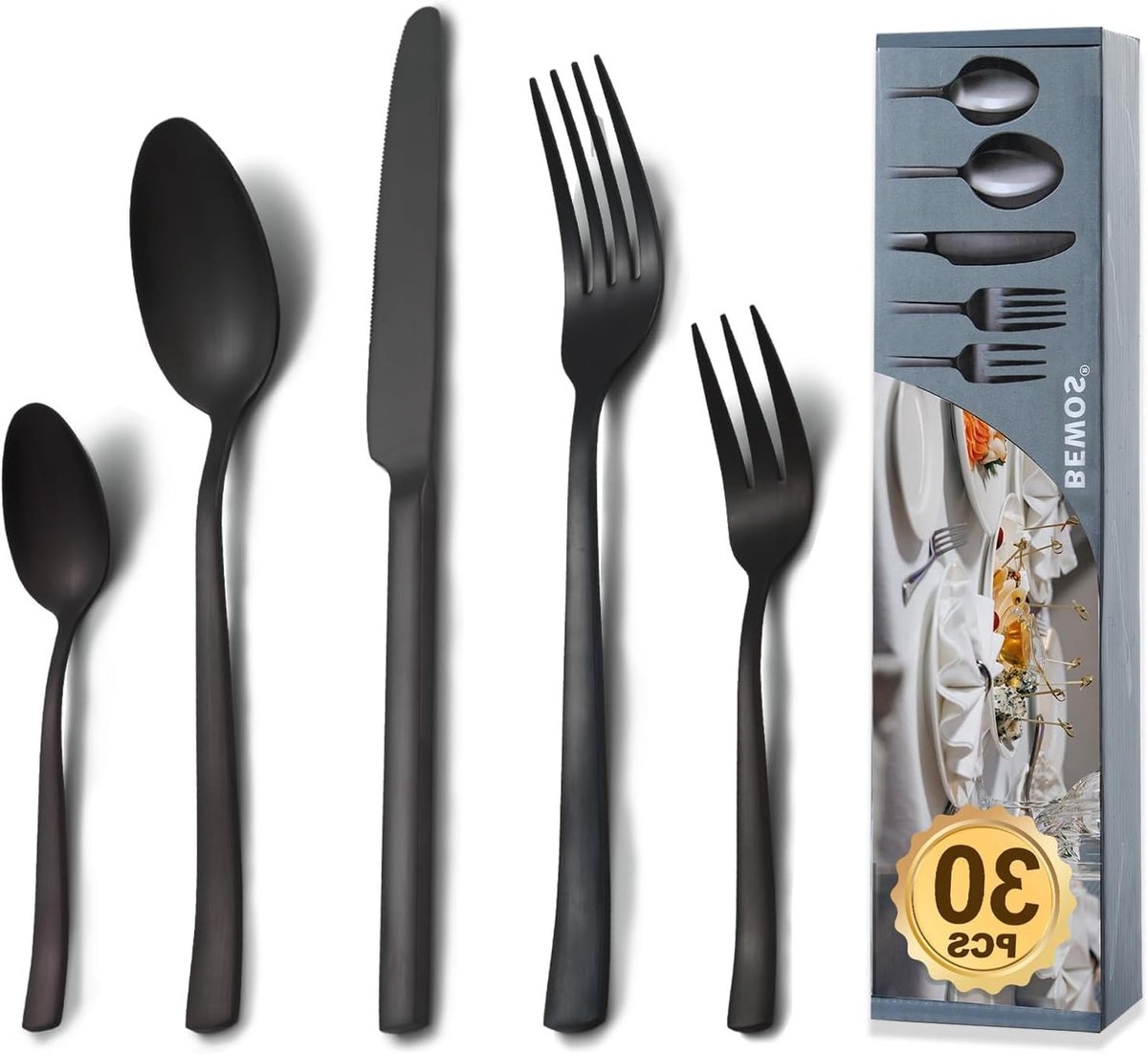 Complete bestekset voor 6 personen, 30-delige roestvrijstalen set in mat zwart, inclusief messen, vorken en lepels, vaatwasmachinebestendig en elegant design