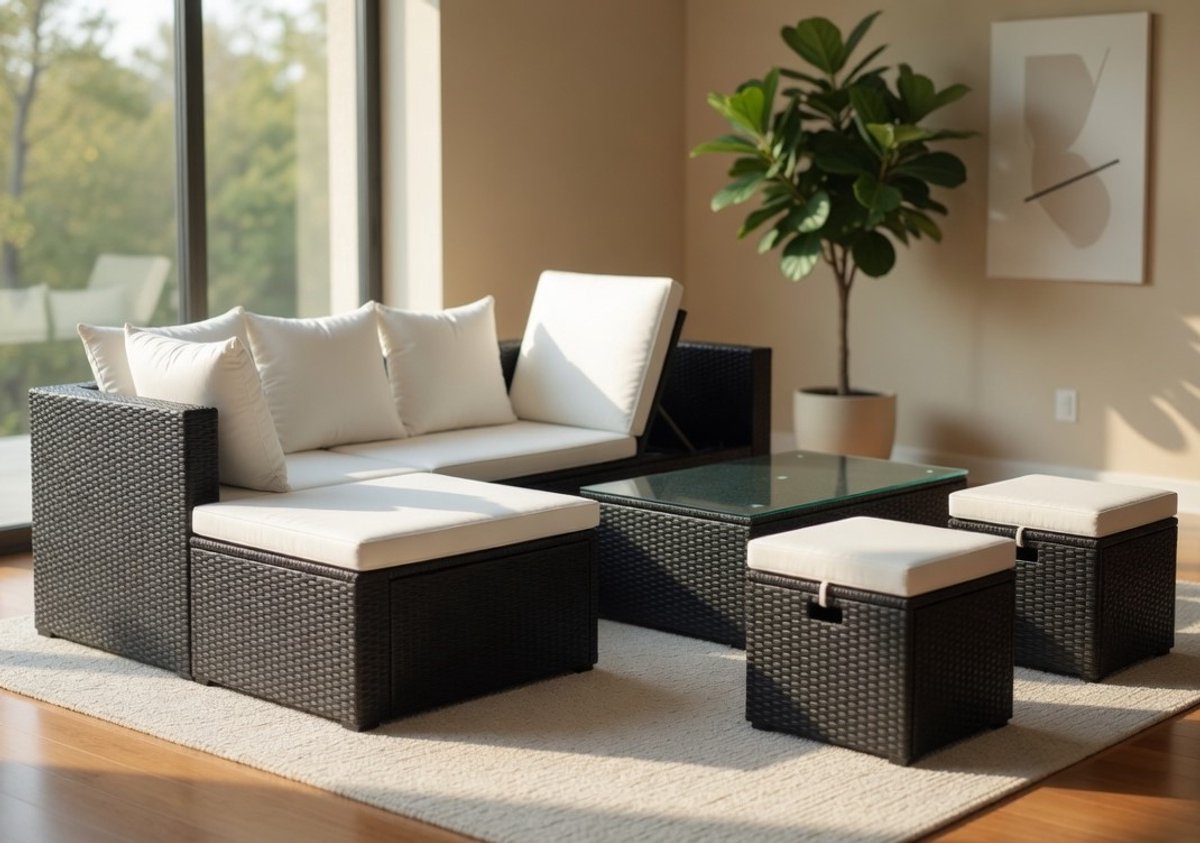Luxe 4-delige Loungeset met Kussens – Poly Rattan Tuinset met Hoekbank, Salontafel en 2 Hockers – Weerbestendige Tuinmeubelset voor Tuin, Terras en Balkon – Zwart/Wit Modern Design IndustroHome