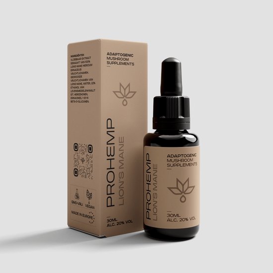 Bruine fles met druppelaar, met PROHEMP LION'S MANE 30ML ALC. 20% VOL. en een bruine doos met dezelfde tekst.