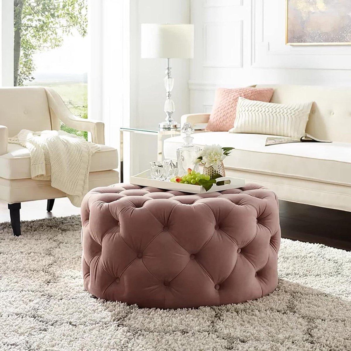 Pluche Voetenbank - Ottomaan Poef - Zitmeubel Opbergen - Fluwelen Afwerking - 60 x 40 cm - Roze