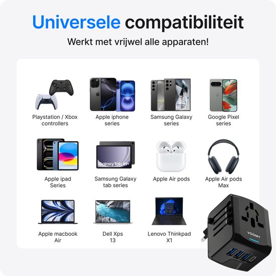 Voomy Reisstekker 170+ landen - Universele Wereldstekker - 1 USB-C & 3 USB-A - Reisadapter Wereld Engeland (UK), Amerika (USA), Australië, Zuid Amerika, Afrika, Italië, Thailand - zwart
