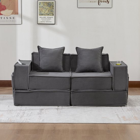 Wishdor 2-in-1 Uitklapbare Vloerbank / Slaapbank - Met 2 Bekerhouders & Zijvakken - Ribstof - Donkergrijs - 162x78x66 cm (Uitgeklapt 156 cm)