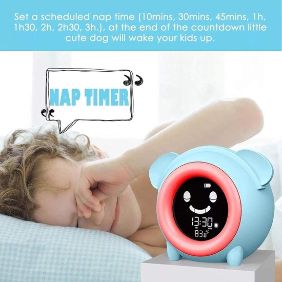 Kinderwekker Digitaal - Nachtlampje Klok - Kind Leren Wakker - 5 Kleur Lichten - 13x13x10 cm - Blauw — afbeelding 3