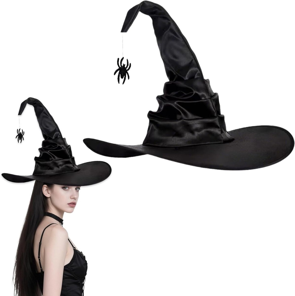 Zwart Heksen Kostuum Set met Hoed met Spin, Lange Handschoenen voor Carnaval, Halloween en Verkleedfeesten