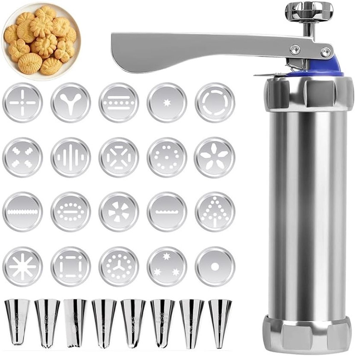 Koekjespers met 20 sjablonen en 8 roestvrijstalen spuitmonden voor perfect spuitgebak, deegspuit en koekjesmachine voor de keuken
