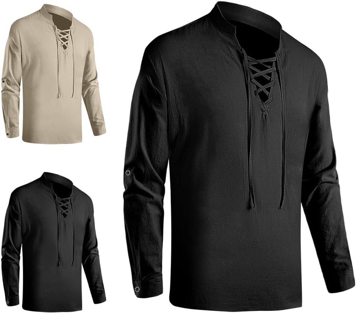 Katoenen Lange Mouwen Shirt voor Mannen in Middeleeuwse Stijl met Retro Vetersluiting voor Piraten en Vikingen
