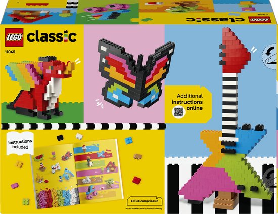 De achterkant van een LEGO Classic-doos, met voorbeelden van bouwwerken: draak, vlinder, gitaar en instructies.