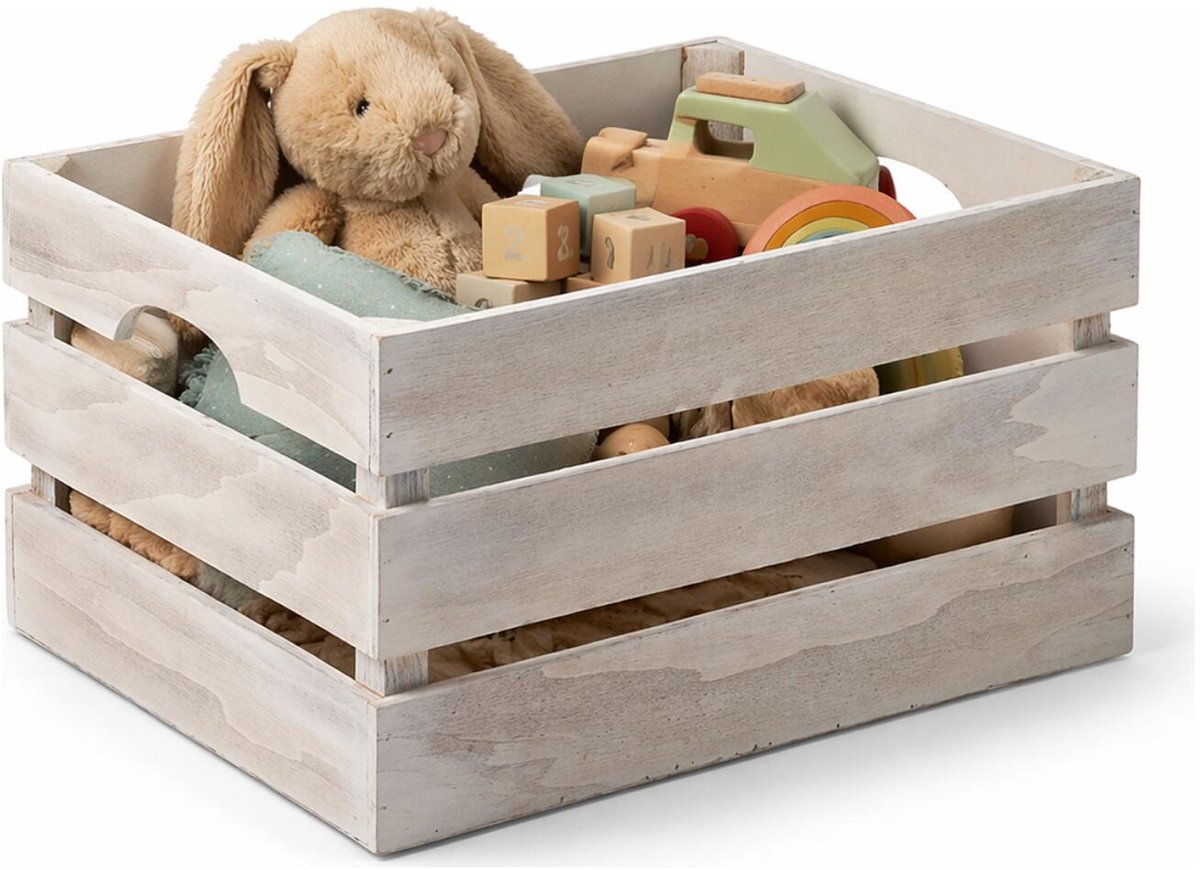 Kinvara Opbergkist / fruitkist Liva - wit - 36 x 26 x 18 cm - hout - decoratief - vintage look