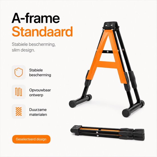 Zwarte A-frame gitaarstandaard, deels oranje. Afbeelding van de opgevouwen, compacte versie eronder.