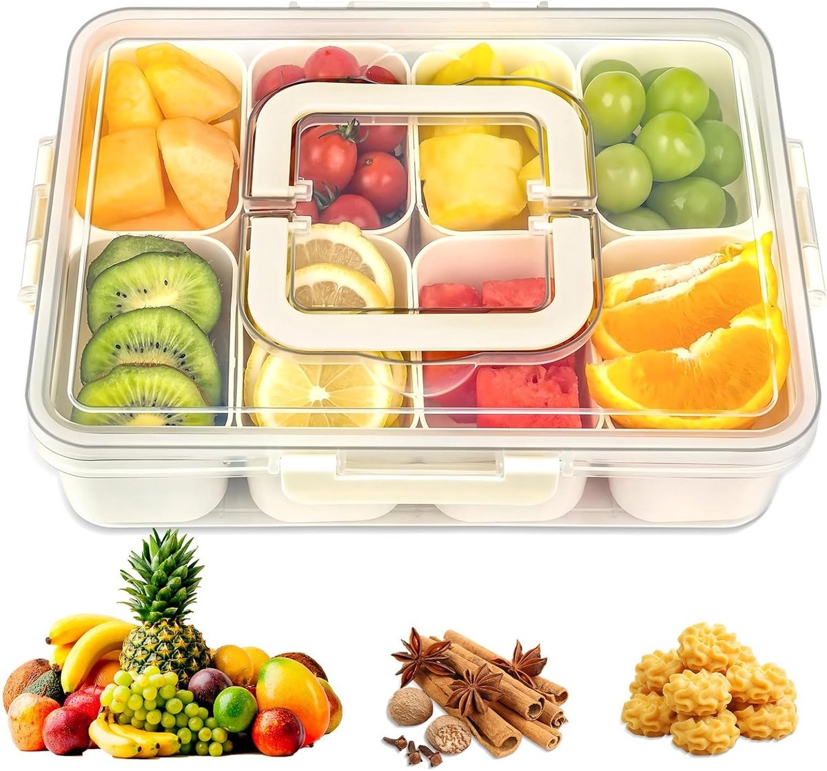 Snack Box met 8 Compartimenten - Herbruikbare Plastic Snackdispenser voor Fruit, Tussendoortjes en Outdoor Activiteiten - Handige Organizer voor Gezinnen en Feestjes (30 x 22)