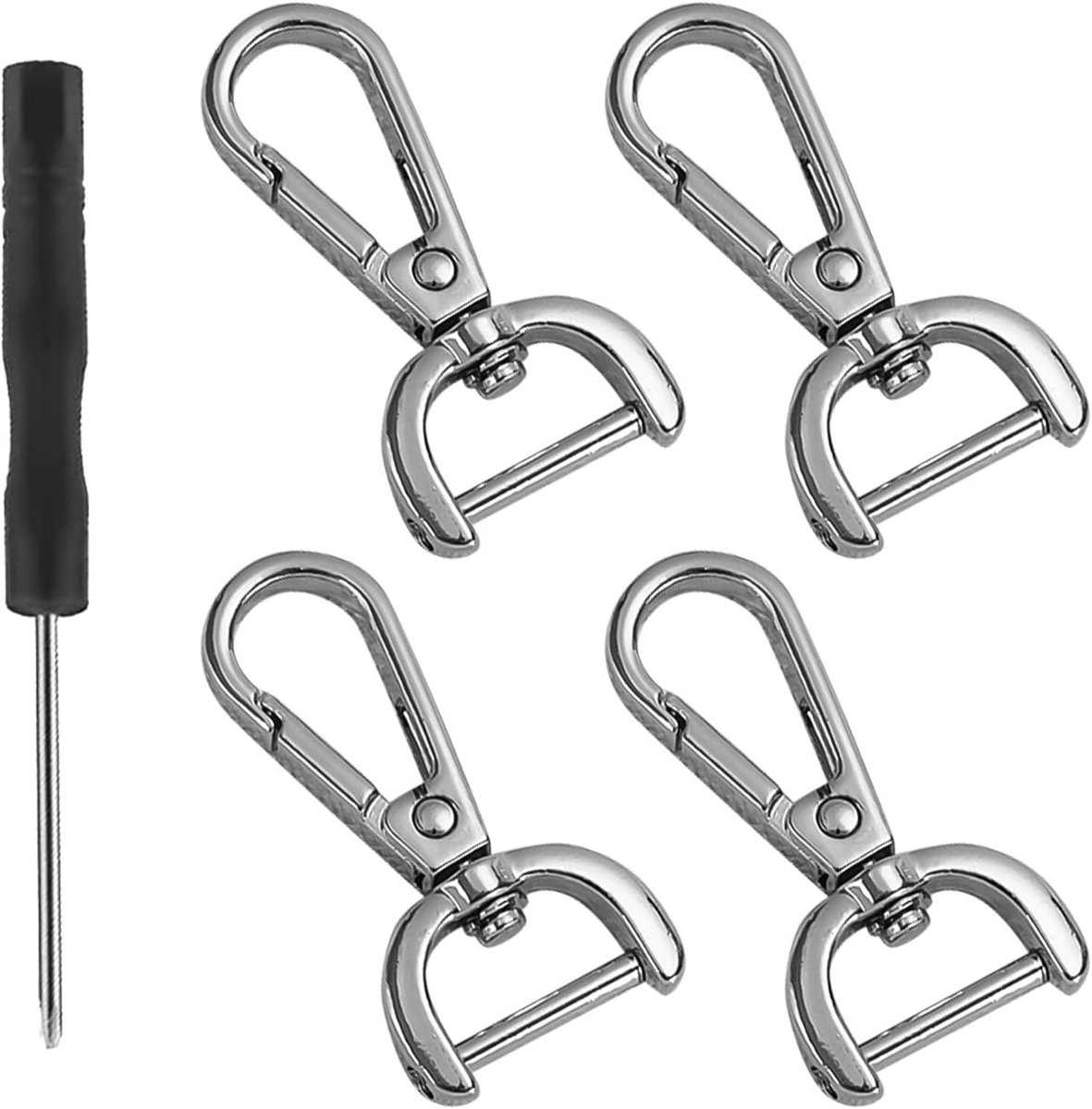 SnelShoppen - 4 stuks karabijnhaken met draaikoppeling en schroevendraaier (zilver) - Ideaal voor camping, tuin, klussen, en meer
