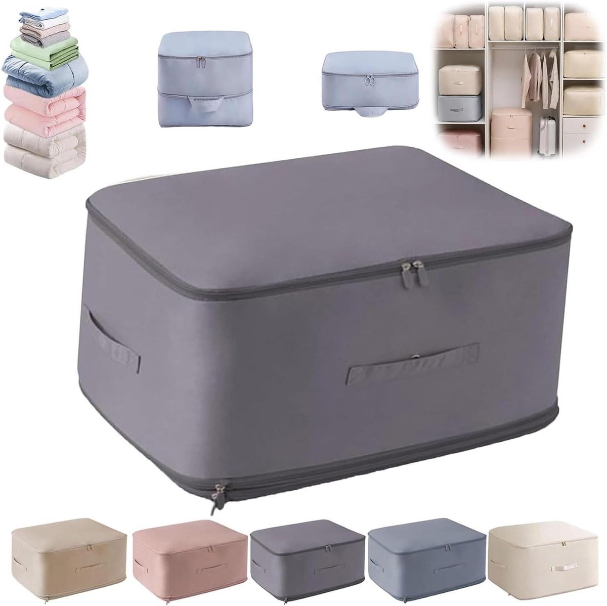 2024New Ultra ruimtebesparende zelfcompressie organizer, ultralichte dekbed opbergtas, zelfcompressie organizer met versterkte handgrepen voor kleding dekbedden, dekens, beddengoed (kleur: grijs,