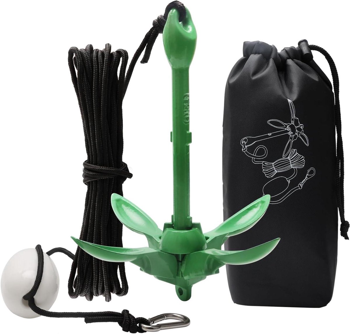 Vouwanker Kajak - Bootanker Kano - Watersport Stabiliteit - 4 Staartvinnen Ontwerp - 1.6kg 40ft Touw - Groen