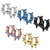 Vijf paar oorbellen met spikes in zilver, blauw, zwart, regenboog en goud.