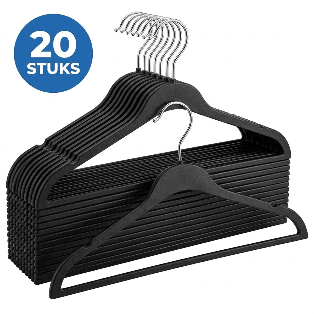 Kledinghangers Set van 20 - Kleerhangers met Antislip en Broekstang - Draaibare Haak - Zwart