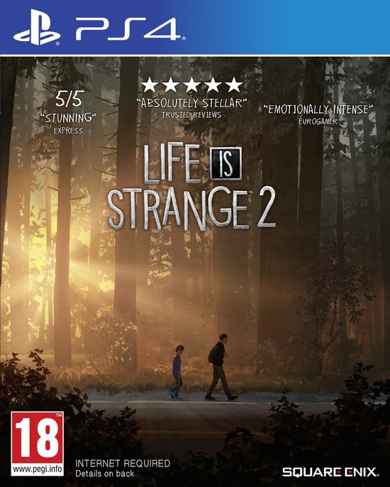 PS4-spelcover 'Life is Strange 2' met twee personen lopend op een bosweg bij zonsondergang.