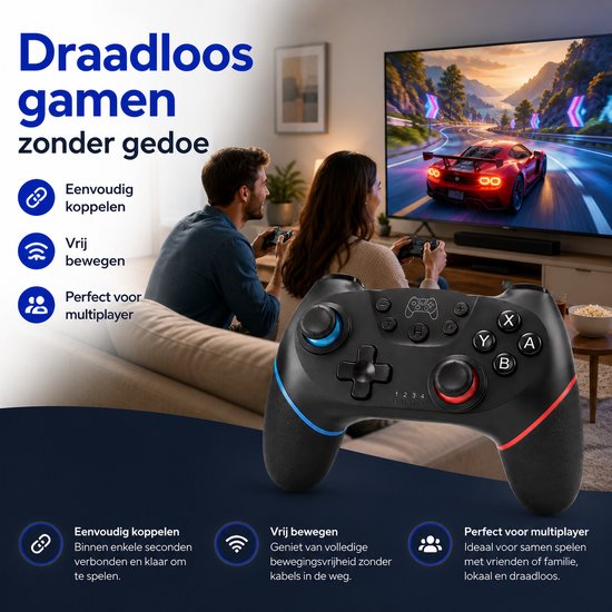 Zwarte draadloze controller met blauwe en rode accenten, gebruikt door een koppel terwijl ze gamen op een grote tv.