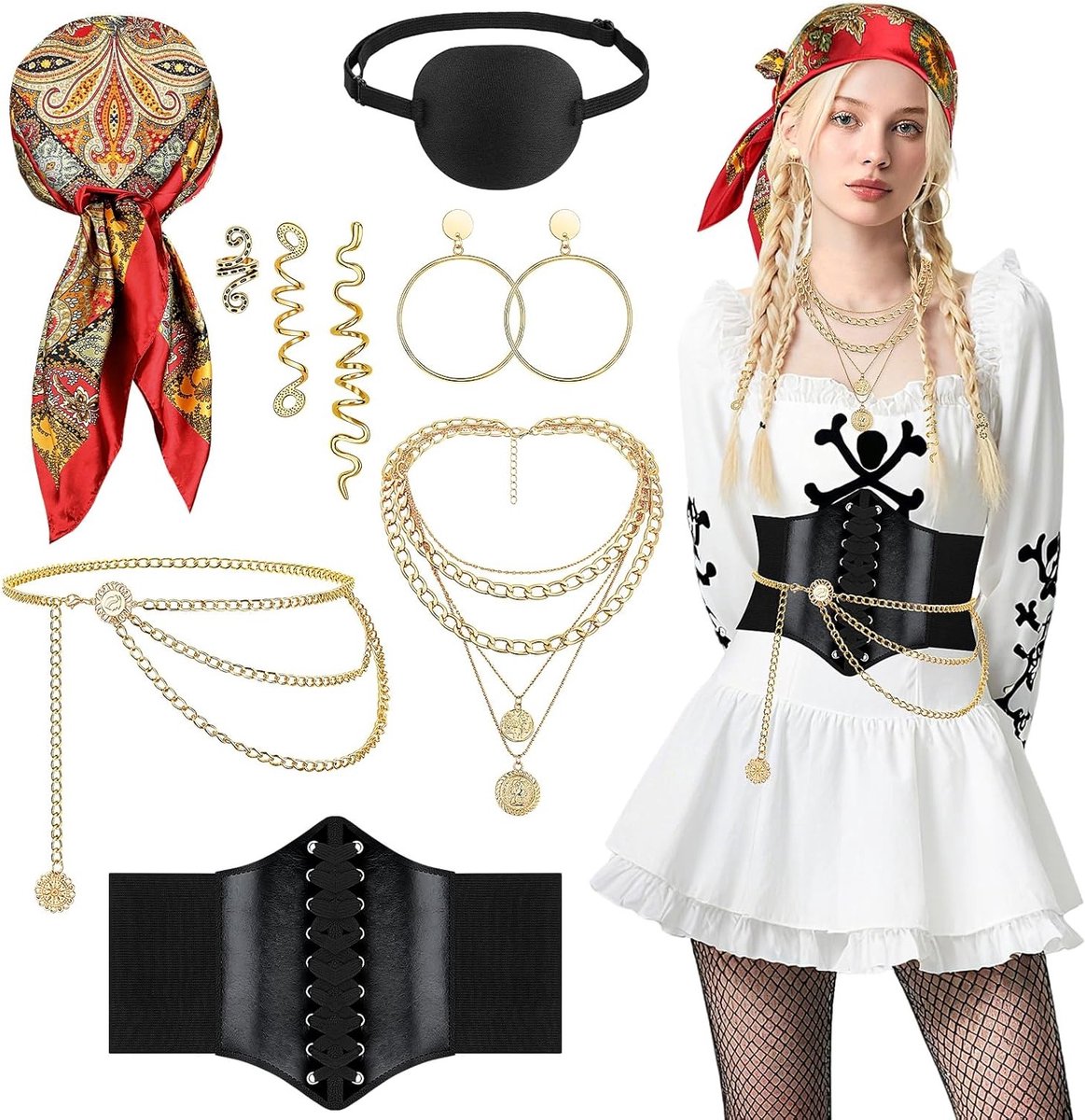 Carnaval Kostuum voor Vrouwen - 7-delige Middeleeuwse Piratenaccessoires met Sjaal, Ketting en Oorbellen voor Cosplay en Feestjes